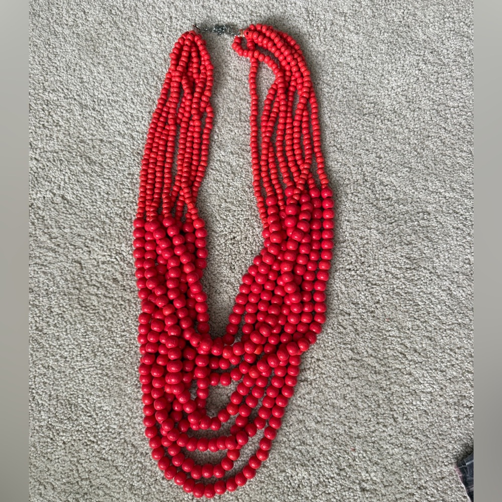 Long Orange-Red Beaded Chunky Statement Necklace